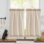 jinchan Linen Kitchen Curtains 36 Inch Length Striped Tier Curtains Ticking Stripe Small Drapes for Living Room Bathroom Cafe Small Window Farmhouse Rustic Pinstripe Rod Pocket 2 Panels Tan