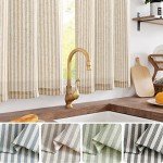jinchan Linen Kitchen Curtains 36 Inch Length Striped Tier Curtains Ticking Stripe Small Drapes for Living Room Bathroom Cafe Small Window Farmhouse Rustic Pinstripe Rod Pocket 2 Panels Tan