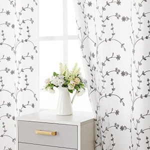 Bujasso Semi Sheer Gray Leaf Curtains 84 inch Length White Curtain Embroidery Floral Patterned Lined Privacy Curtains Farmhouse White Drapes for Bedroom Grommet Top W38 xL84,Set of 2