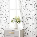Bujasso Semi Sheer Gray Leaf Curtains 84 inch Length White Curtain Embroidery Floral Patterned Lined Privacy Curtains Farmhouse White Drapes for Bedroom Grommet Top W38 xL84,Set of 2