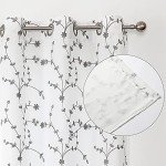 Bujasso Semi Sheer Gray Leaf Curtains 84 inch Length White Curtain Embroidery Floral Patterned Lined Privacy Curtains Farmhouse White Drapes for Bedroom Grommet Top W38 xL84,Set of 2
