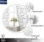 Bujasso Semi Sheer Gray Leaf Curtains 84 inch Length White Curtain Embroidery Floral Patterned Lined Privacy Curtains Farmhouse White Drapes for Bedroom Grommet Top W38 xL84,Set of 2