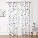 Bujasso Semi Sheer Gray Leaf Curtains 84 inch Length White Curtain Embroidery Floral Patterned Lined Privacy Curtains Farmhouse White Drapes for Bedroom Grommet Top W38 xL84,Set of 2