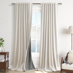 100% Blackout Linen Curtains 84 Inch Length 2 Panels Set Neutral Boho Farmhouse for Bedroom Windows Living Room Darkening Thermal Insulated Drapes Beige Cream Ivory 7ft Long Back Tab Pleated Pocket