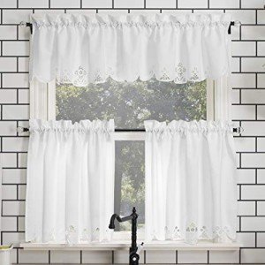 No. 918 Mariela Floral Trim Semi-Sheer Rod Pocket Kitchen Curtain Valance and Tiers Set, 58" x 36", White