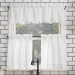 No. 918 Mariela Floral Trim Semi-Sheer Rod Pocket Kitchen Curtain Valance and Tiers Set, 58" x 36", White
