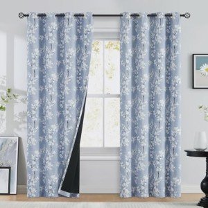 FMFUNCTEX 100% Blackout Floral Curtains for Bedroom, Blue Curtains 84 inches Long Blossom Flower Patterned for Living Room,Thermal Insulated Farmhouse Drapes, Grommet Top 2 Panels (White on Blue)