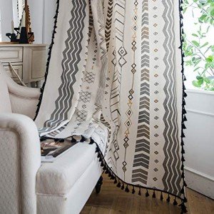 ColorBird Boho Curtains 2 Panels Geometric Light Filtering Semi-Blackout Window Cotton Linen Patterned Western Curtains with Black Tassel Rod Pocket Drapes for Living Bedroom, 59W x 63L Inch, 1 Pair