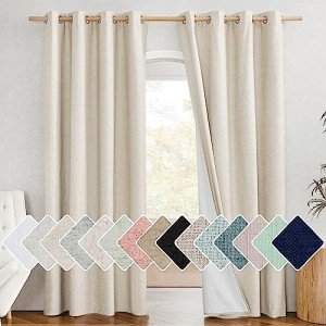 NICETOWN 100% Absolutely Blackout Linen Curtains with Thermal Insulated White Liner, 52" Wide, 2 Panels, 84 inches Long Drapes, Grommet Retro Beige Linen Curtains Vertical Drapes Privacy for Bedroom
