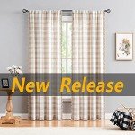 Treatmentex Buffalo Check Curtains 84inch Farmhouse Pom Pom Drapes for Living Room Vintage Gingham Plaid Semi Sheer Tan Window Curtains for Bedroom Kitchen 2 Panels Rod Pocket Taupe and White