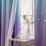 Reepow Kids Room Curtains with Hollow-Out Star and Tulle Overlay, Blue Purple Ombre Blackout Curtains for Boys Girls Bedroom - 52" x 63" x 2 Panels