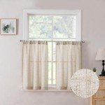 Tollpiz Short Linen Tier Curtains Rod Pocket Semi Sheer Half Kitchen Curtain Burlap Light Filtering Thick Linen Drapes for Bathroom, 30 x 24 inches Long, Natural, Set of 2 Panels