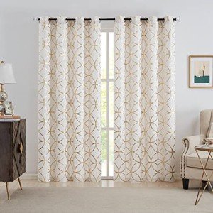 SXZJTEX Gold Linen Window Curtain Panels Metallic Geo Moroccan Tile Foil Print Semi Sheer Draperies for Bedroom Living Room, Light Filtering Window Treatments, Grommet Top Panels Set of 2, 55" Wx95 L