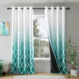 Metro Parlor Ombre Full Blackout Curtains 84 Inches Long 2 Panels for Living Room Bedroom Teal White Moroccan Geo Patterned Room Darkening Thermal Insulated Grommet Top Window Treatment Drapes,52x84