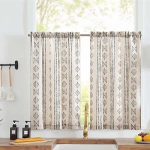jinchan Boho Kitchen Curtains Linen Tier Curtains 36 Inches Bohemian Cafe Small Drapes Striped Mudcloth Farmhouse for Bathroom RV Camper Light Filtering Rod Pocket 2 Panels Black on Beige