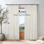 XTMYI 96 Inches Long Modern Farmhouse Linen Curtains for Living Room,Hang Pin Hooks Back Tab Sheer Pleated Curtains for Bedroom Dining Room,96 Length 2 Panel Set,Cream Colored(Ivory/Off White)