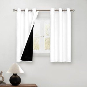 BGment Short 100% Blackout Curtains for Bedroom, Thermal Insulated Energy Efficiency Noise Reducing Grommet Curtains 45 Inch Length with Liner for Small Window 2 Panels Each 42 Inch Wide, Pure White
