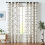 jinchan Linen Blend Curtains Beige Farmhouse Curtains 84 Inches Long Blue Embroidered Leaf Curtains for Living Room Ogee Geometry Drapes Light Filtering Grommet Country Curtain 2 Panels Blue on Flax