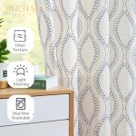 jinchan Linen Blend Curtains Beige Farmhouse Curtains 84 Inches Long Blue Embroidered Leaf Curtains for Living Room Ogee Geometry Drapes Light Filtering Grommet Country Curtain 2 Panels Blue on Flax