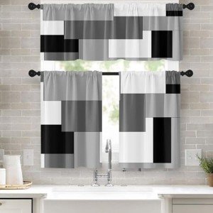 Tayney Black Grey Kitchen Window Curtains Valance and Tier Set 36 Inch, Dark Grey White Modern Rod Pocket Short Tier Curtain for Bathroom, Abstract Small Cafe Drapes for Kitchen Decor