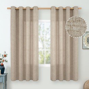 QUEMAS Oatmeal Linen Curtains for Bedroom 63 Inch Length 2 Panels, Burlap Curtains Light Filtering Thick Semi Sheer Non See Through Grommet Curtains for Farmhouse, 52 Inch Wide 2 Panel, Dark Oatmeal