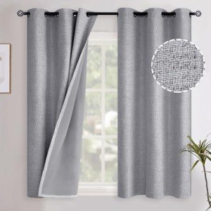 YoungsTex Grey Linen Blackout Curtains 40 Inch Length for Bedroom, Full Room Darkening Short Window Drapes for Kitchen Thermal Insulated Burlap Textured Blinds Rustic, 2 Panels, 42 X 40 Inch