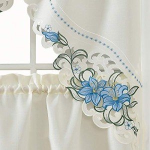 GOHD Lily Fragrance. 3pcs Multi-Color Embroidery Kitchen Cafe Curtain Set Swag and Tiers Set with cutworks. (Blue)