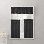 No. 918 Martine Microfiber Semi-Sheer Rod Pocket Kitchen Curtain Valance and Tiers Set, 54" x 45", Black