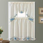 GOHD Lily Fragrance. 3pcs Multi-Color Embroidery Kitchen Cafe Curtain Set Swag and Tiers Set with cutworks. (Blue)