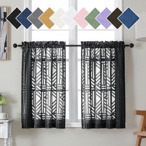 Simplebrand Black Sheer Kitchen Curtains 36 Inch Length Tier Curtains 2 Panels, Light Filtering Geometric Jacquard Clip Textured Semi Sheer Curtains Short Window Curtains for Bathroom, 42x36 inch