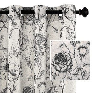 H.VERSAILTEX Linen Curtains Natural Linen Blended Curtain Panels for Living Room/Light Reducing Linen Sheer Curtains 63 inch Length 2 Panels Set Pencil Sketch Style Floral Panels, Black