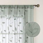 HOMEIDEAS Sage Green Sheer Kitchen Curtains 52 x 45 Inch Length 2 Panels Embroidered Leaf Pattern Short Curtains for Bedroom Half Small Window Rod Pocket Tiers