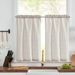 jinchan Linen Kitchen Curtains 24 Inch Length Striped Tier Curtains Ticking Stripe Small Drapes for Living Room Bathroom Cafe Small Window Farmhouse Rustic Pinstripe Rod Pocket 2 Panels Taupe