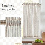 jinchan Linen Kitchen Curtains 24 Inch Length Striped Tier Curtains Ticking Stripe Small Drapes for Living Room Bathroom Cafe Small Window Farmhouse Rustic Pinstripe Rod Pocket 2 Panels Taupe