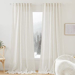 RYB HOME 108 inch Curtains - Flax Linen Blend Semi Sheer Light Glare Filtering Extra Long Drapes for Living Room Dining Doorway Farmhouse Office Sunroom, Linen, Wide 52" by Long 108", 2 Panels
