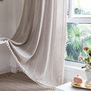 RoomTalks Boho Farmhouse Curtains for Bedroom Living Room 84 Inch Length in Tan French Cabin Rustic Country Cute Cotton Polyester Window Curtain Panels Bohemian Chic Tassel Draperies, 84’’L x 52’’W