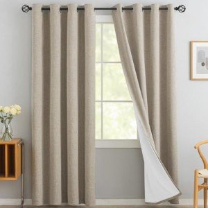 Yakamok Natural Linen Curtains 100% Blackout 84 Inches Long,Room Darkening Textured Curtains for Living Room Thermal Grommet Bedroom Curtains 2 Panels with Greyish White Liner