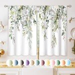 oolygoo Eucalyptus Botanical Leaves Floral Kitchen Window Curtains Over Sink Boho Farmhouse Flower Leaf Small Window Treatment Sage Green Cafe Short Curtains for Bathroom Tier Drapes 27.5x39 inch
