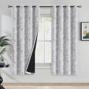 FMFUNCTEX 100% Blackout Floral Curtains for Bedroom, Grey Curtains 63 inch Length Blossom Flower Patterned for Living Room,Thermal Insulated Drapes Farmhouse, Grommet Top 2 Panels (White on Grey)