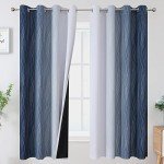 Estelar Textiler Full Room Darkening Greyish White and Navy Blue Blackout Curtains 63 Inch Length 2 Panels Set,Ombre Thermal Insulated Full Light Blocking Grommet Blackout Drapes for Boys Room,52Wx63L