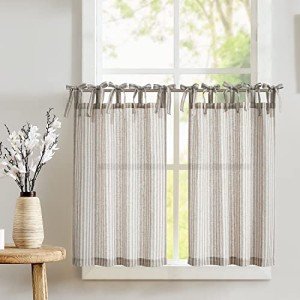 jinchan Tie Top Linen Kitchen Curtains 24 Inch Length Striped Tier Curtains Ticking Stripe Small Drapes for Living Room Bathroom Cafe Small Window Farmhouse Rustic Pinstripe Rod Pocket 2 Panels Taupe