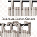 jinchan Tie Top Linen Kitchen Curtains 24 Inch Length Striped Tier Curtains Ticking Stripe Small Drapes for Living Room Bathroom Cafe Small Window Farmhouse Rustic Pinstripe Rod Pocket 2 Panels Taupe