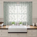 HOMEIDEAS Sage Green Sheer Kitchen Curtains 52 x 45 Inch Length 2 Panels Embroidered Leaf Pattern Short Curtains for Bedroom Half Small Window Rod Pocket Tiers