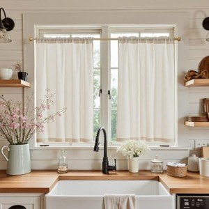 jinchan Beige Linen Kitchen Curtains 36 Inch Tier Curtains Farmhouse Cafe Light Filtering Small Window Drapes Flax Country Rustic Rod Pocket Bathroom Laundry Room RV 2 Panels Crude