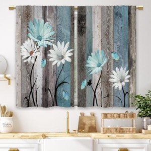 Laifzere Teal Farmhouse Daisy Kitchen Curtains Wooden Flower Small Short Cafe Window Curtains Rustic Floral Butterfly Country Bathroom Drapes Treatment Tier Curtains 2 Panels (27.5x39 Inch)