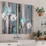 Laifzere Teal Farmhouse Daisy Kitchen Curtains Wooden Flower Small Short Cafe Window Curtains Rustic Floral Butterfly Country Bathroom Drapes Treatment Tier Curtains 2 Panels (27.5x39 Inch)