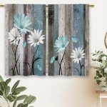 Laifzere Teal Farmhouse Daisy Kitchen Curtains Wooden Flower Small Short Cafe Window Curtains Rustic Floral Butterfly Country Bathroom Drapes Treatment Tier Curtains 2 Panels (27.5x39 Inch)