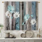 Laifzere Teal Farmhouse Daisy Kitchen Curtains Wooden Flower Small Short Cafe Window Curtains Rustic Floral Butterfly Country Bathroom Drapes Treatment Tier Curtains 2 Panels (27.5x39 Inch)