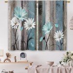 Laifzere Teal Farmhouse Daisy Kitchen Curtains Wooden Flower Small Short Cafe Window Curtains Rustic Floral Butterfly Country Bathroom Drapes Treatment Tier Curtains 2 Panels (27.5x39 Inch)