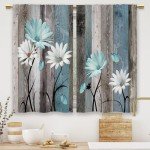 Laifzere Teal Farmhouse Daisy Kitchen Curtains Wooden Flower Small Short Cafe Window Curtains Rustic Floral Butterfly Country Bathroom Drapes Treatment Tier Curtains 2 Panels (27.5x39 Inch)